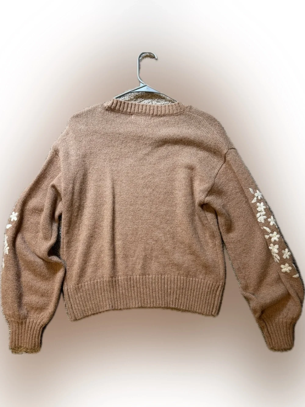 Francesca's Collections Tan Floral-Embroidered Crewneck Sweater